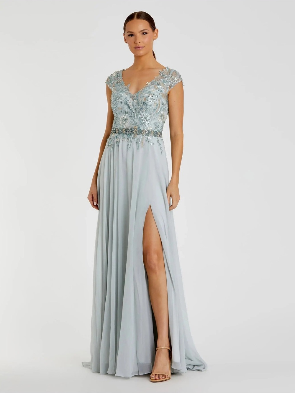Mac Duggal 79365 Blue Embellished Chiffon Cap Sleeve A-Line Gown Size 16 NWT